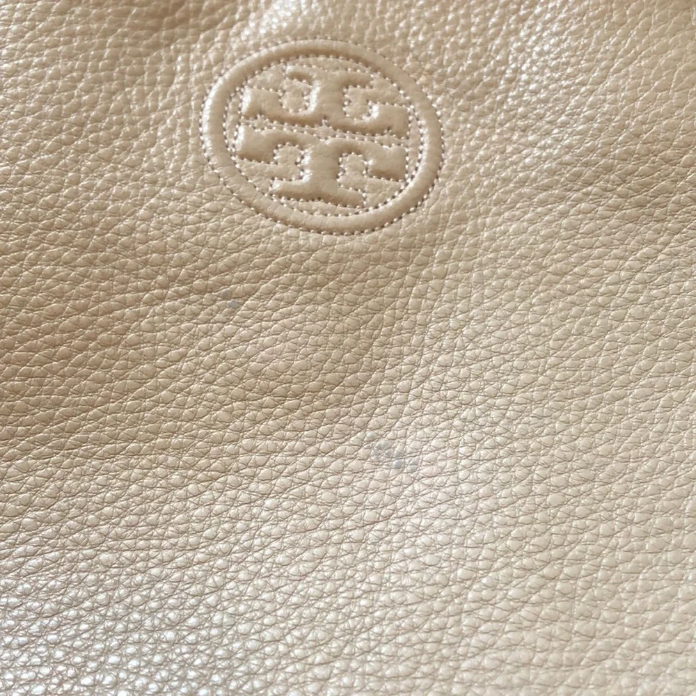 Tory Burch stamped logo, pebbled leather creamy pink braided top & chain handbag
